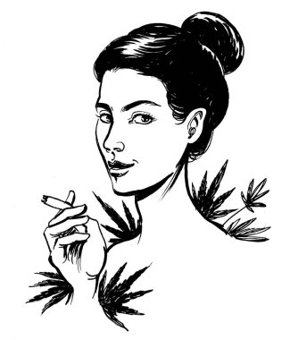 Esrar içen güzel bir kadın. Mürekkep siyah beyaz çizim