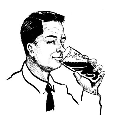 Bir bardak bira içen mutlu bir adam. Mürekkep siyah beyaz çizim