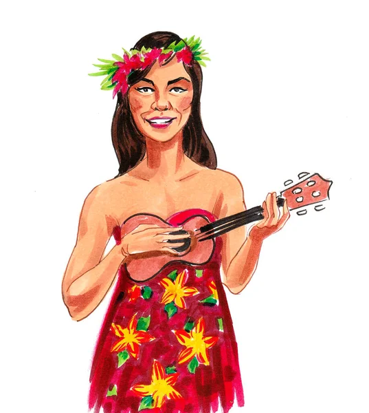 Ładna Hawajka Grająca Gitarze Rysunek Atramentu Akwareli — Zdjęcie stockowe