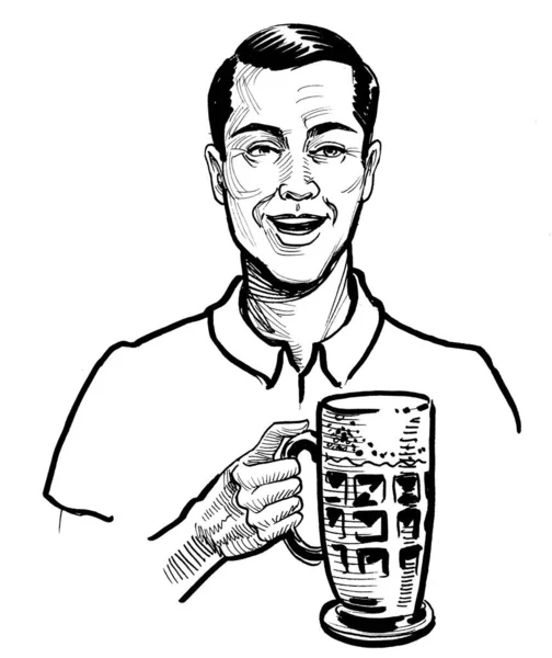 Happy Smiling Man Drinking Beer Ink Black White Drawing — Stock Photo, Image