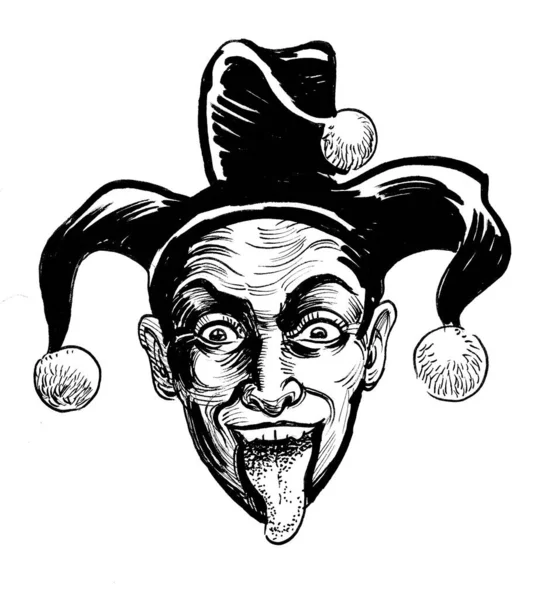 Mad looking jester with his tongue out. Ink black and white drawing