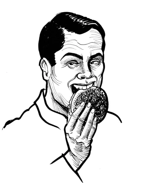 Щасливий Чоловік Їсть Бургер Чорно Білий Малюнок — стокове фото