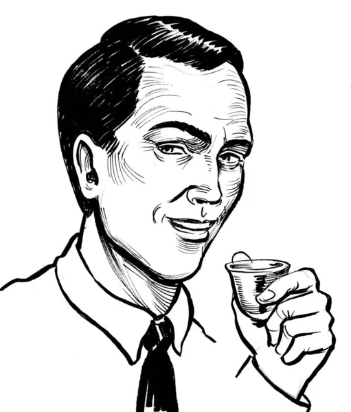 Happy Man Drinking Tequila Ink Black White Drawing — Stock Photo, Image