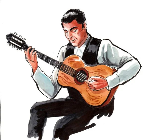 Musician Playing Flamenco Acoustic Guitar Ink Watercolor Drawing — Stock Photo, Image
