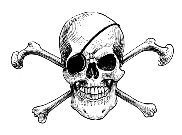 Crâne Pirate Avec Bandeau Oculaire Encre Dessin Noir Blanc — Photo