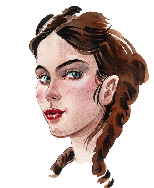 Saçları örgülü güzel bir kadın. Mürekkep ve suluboya çizim