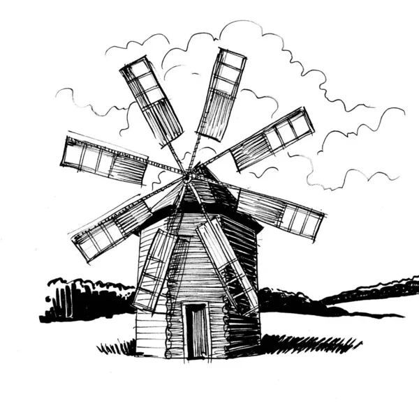 Větrný Mlýn Venkově Černobílá Kresba Inkoustu — Stock fotografie