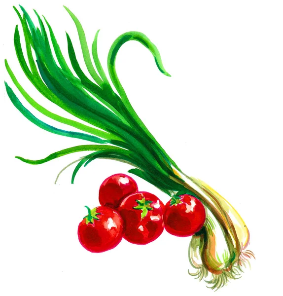 Röda Tomater Och Grön Lök Bläck Och Akvarell Ritning — Stockfoto