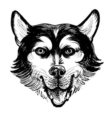 İri köpek kafası. Mürekkep siyah beyaz çizim