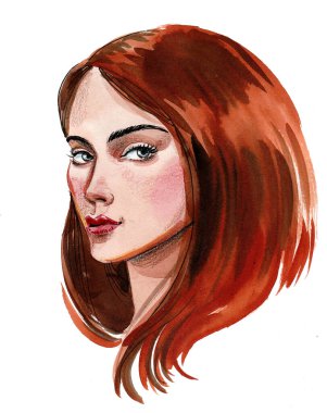 Uzun saçlı güzel bir kadın. Mürekkep ve suluboya çizim