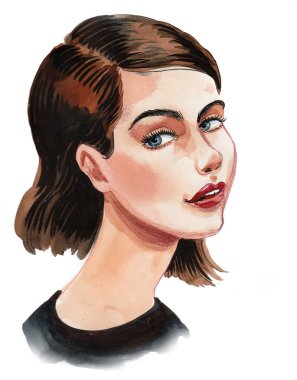 Güzel bir kadın. Mürekkep ve suluboya çizim