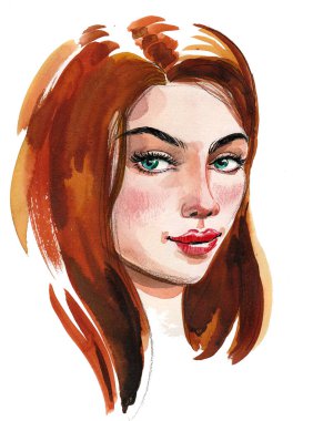 Güzel kadın yüzü. Mürekkep ve suluboya çizim