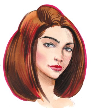 Uzun saçlı güzel bir kadın. Mürekkep ve suluboya çizim