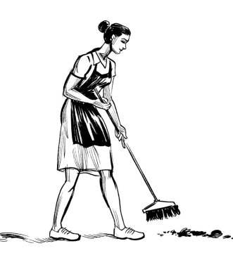 Yerleri süpüren genç bir kadın. Mürekkep siyah beyaz çizim