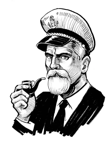 Capitano Mare Fuma Pipa Inchiostro Disegno Bianco Nero — Foto Stock