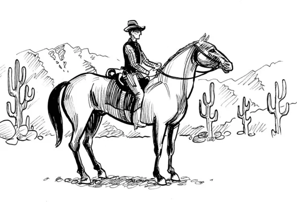 Cowboy Riding Horse Mexican Desert Ink Black White Drawing — Stock Photo, Image