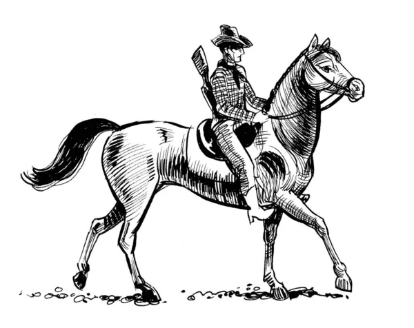 Cowboy Riding Horse Ink Black White Drawing — Stock Photo, Image