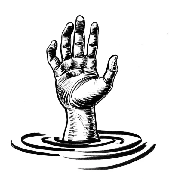 Drowning hand in deep water. Ink black and white drawing