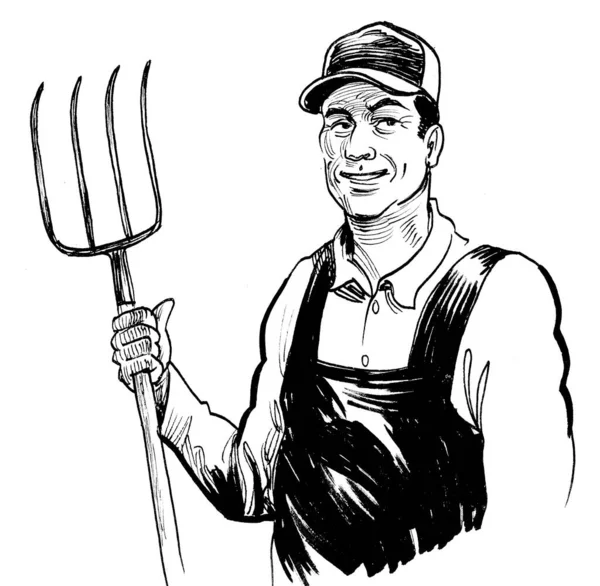 Usmívající Farmář Černobílá Kresba Inkoustu — Stock fotografie