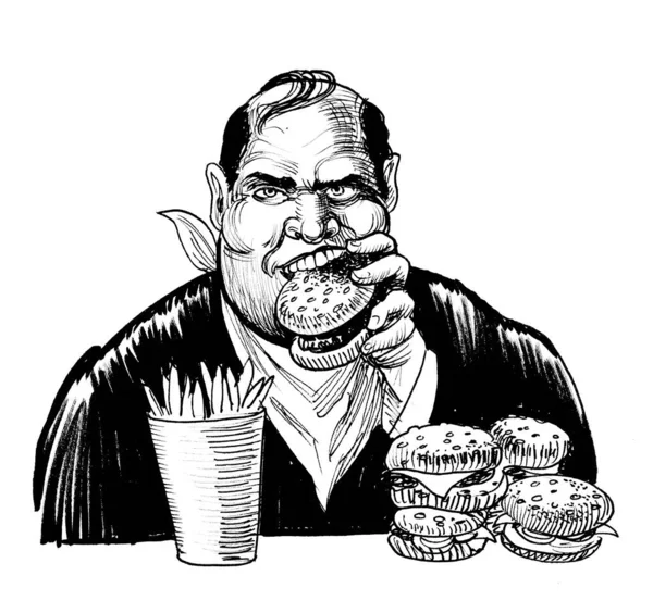 太った男はハンバーガーとフライドポテトを食べる 墨と白のドローイング — ストック写真