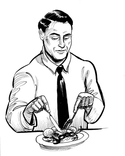 Caballero Comiendo Algo Dibujo Blanco Negro Tinta —  Fotos de Stock