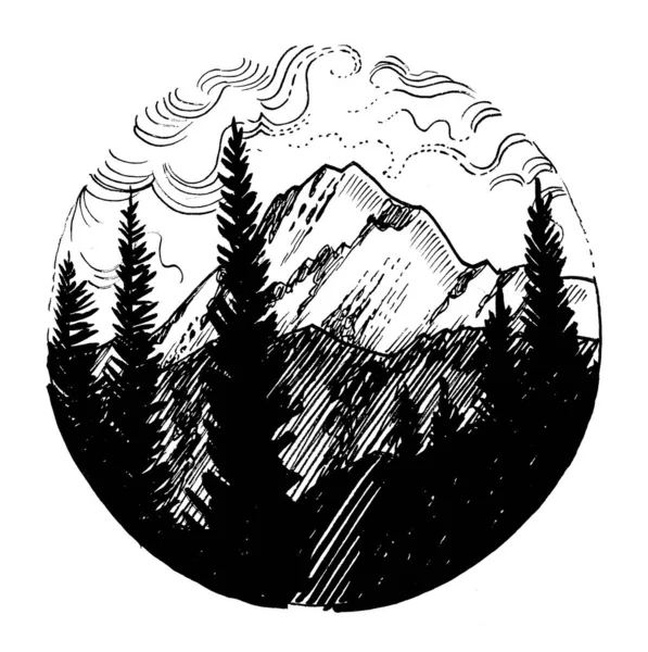 Mountain Peak Ink Black White Drawing — Stock Photo, Image