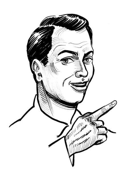 Adam yukarı bakıyor. Mürekkep siyah beyaz çizim