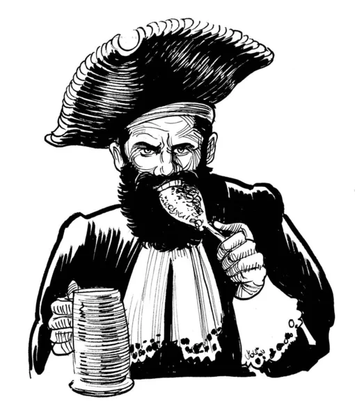 Piratkapten Äter Och Dricker Bläck Svart Och Vitt Ritning — Stockfoto