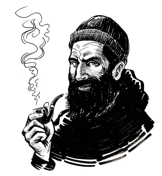 Sakallı denizci pipo içiyor. Mürekkep siyah beyaz çizim