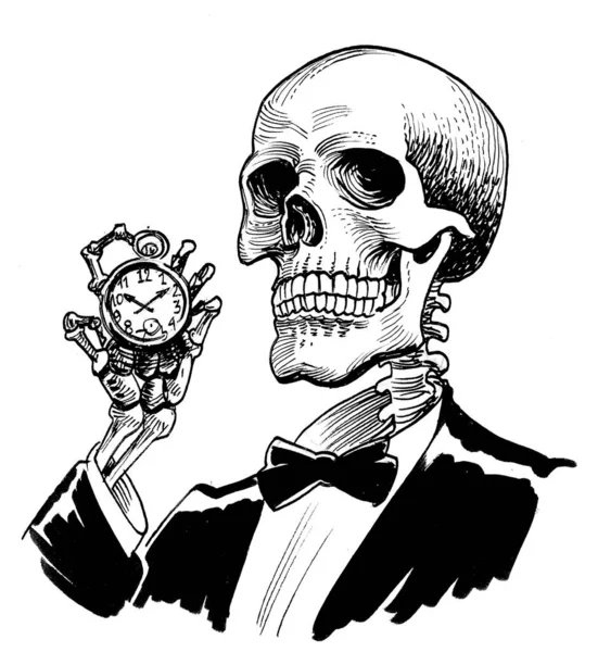 人間の骨格が時計を指している 墨と白のドローイング — ストック写真