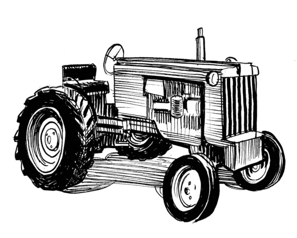 Tracteur Vintage Encre Dessin Noir Blanc — Photo