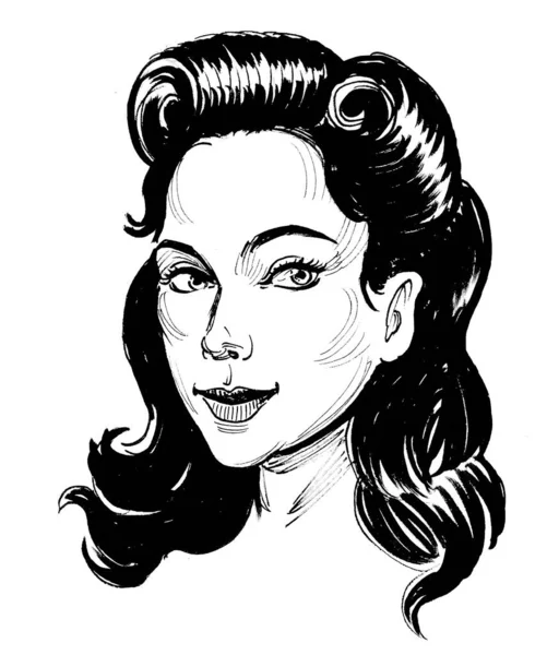 Güzel rozetli kadın. Mürekkep siyah beyaz çizim