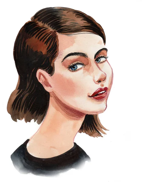 Güzel bir kadın. Mürekkep ve suluboya çizim