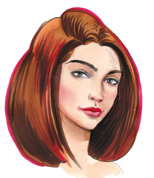 Uzun saçlı güzel bir kadın. Mürekkep ve suluboya çizim