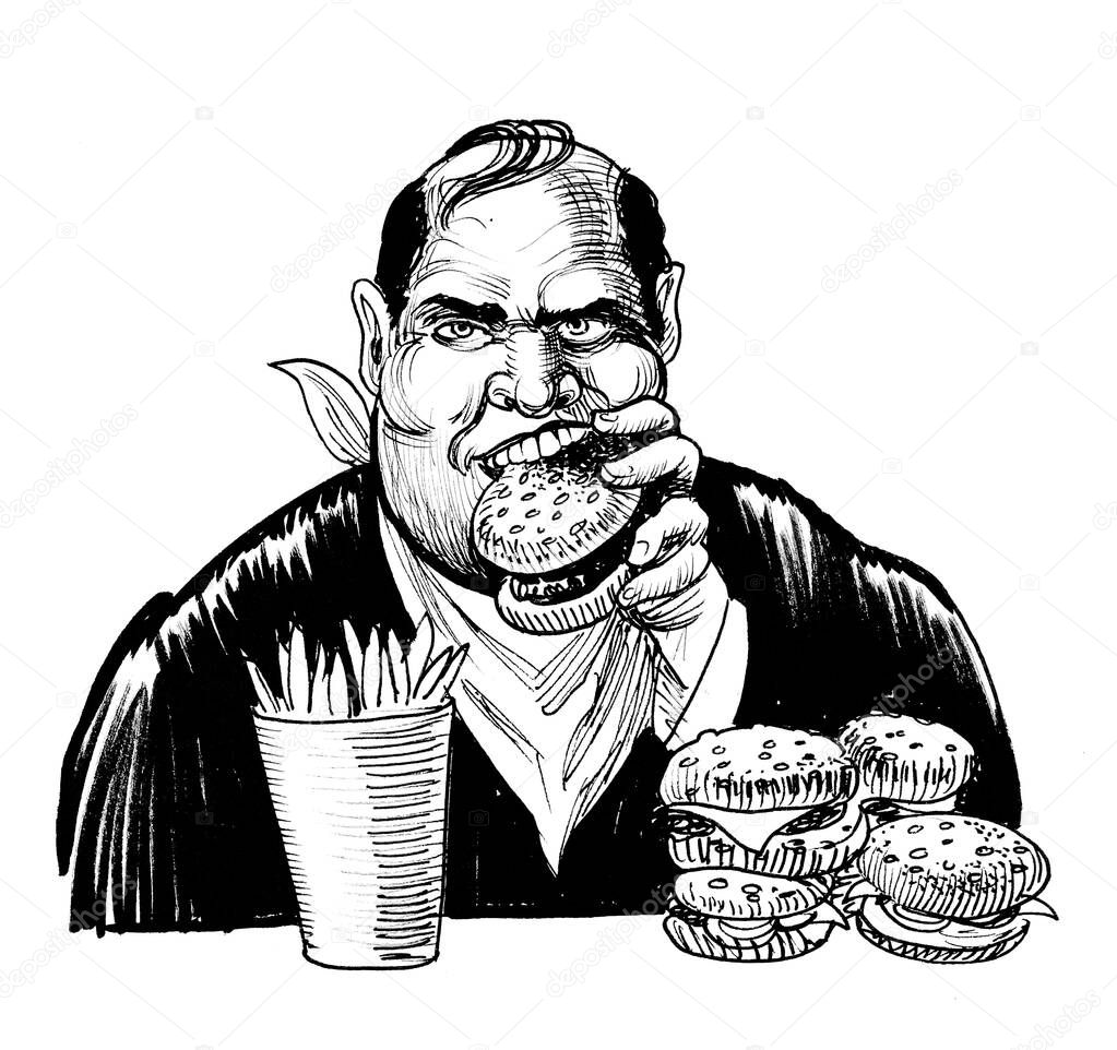 Fat man eating burger and French fries. Ink black and white drawing
