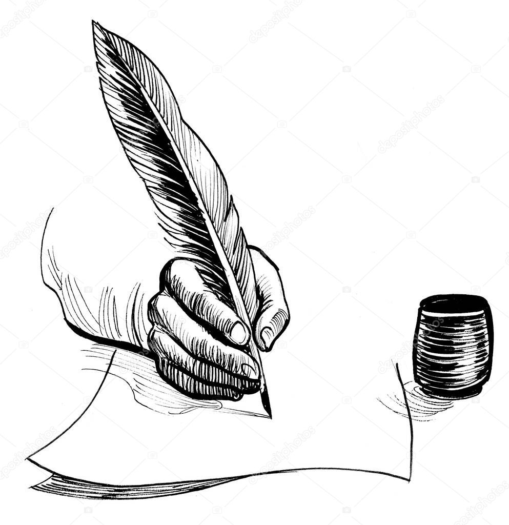 Hand writing with a quill pen. Ink black and white drawing