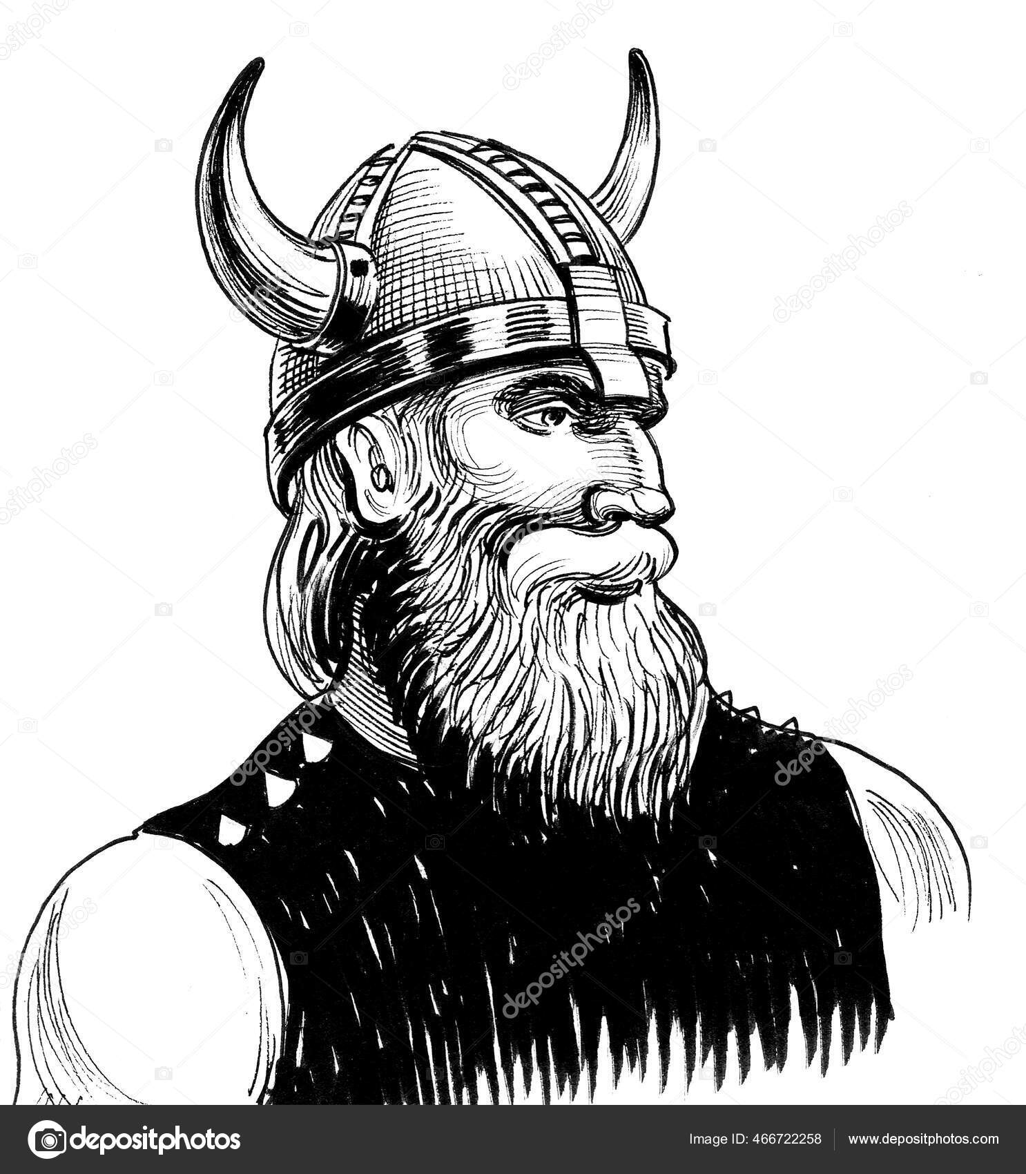 Guerreiro Viking Helemet Tinta Desenho Preto Branco Ilustração de  ©alexblacksea #466722258, image size:1486x1700