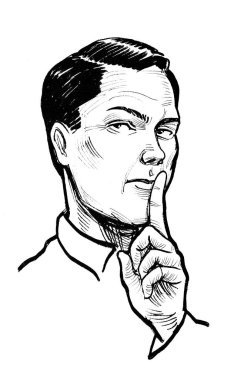 Adam sessiz bir jest yapıyor. Mürekkep siyah beyaz çizim