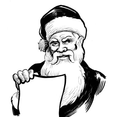 İçinde boş bir kağıt olan Noel Baba. Mürekkep siyah beyaz çizim