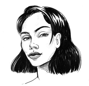 Güzel esmer kadın. Mürekkep çizimi
