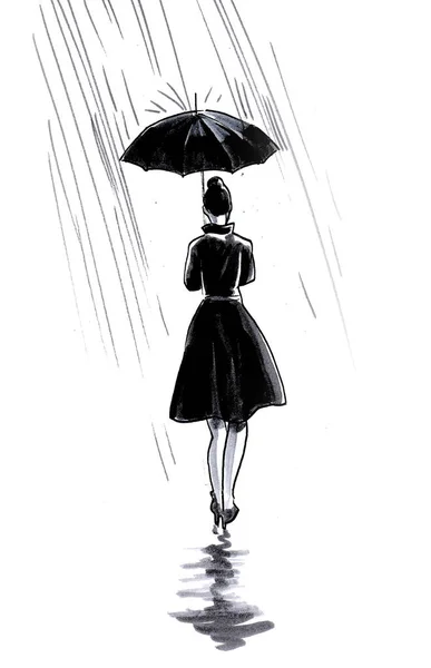 Mujer Con Paraguas Bajo Lluvia Dibujo Blanco Negro Tinta — Foto de Stock