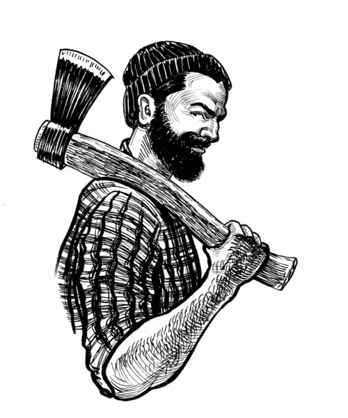 Kanadischer Holzfäller Mit Axt Tusche Schwarz Weiß Zeichnung — Stockfoto