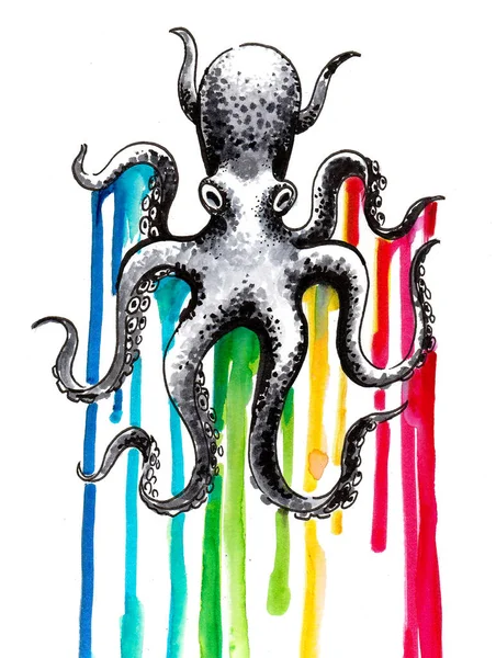 Regenboog Gekleurde Inktvis Inkt Aquareltekening — Stockfoto