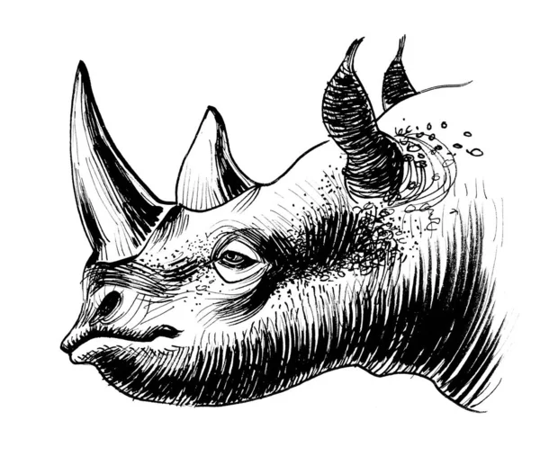 犀牛的头 墨水黑白画 — 图库照片