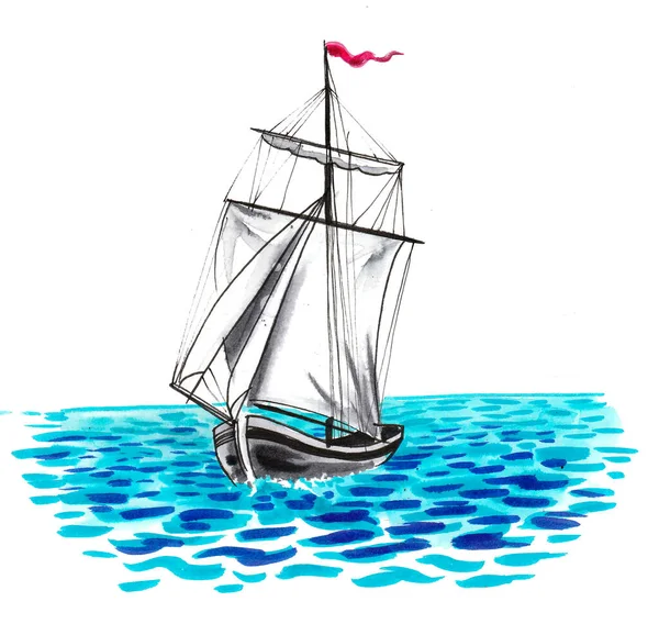 Sailing Boat Sea Ink Watercolor Drawing — Stock Photo, Image