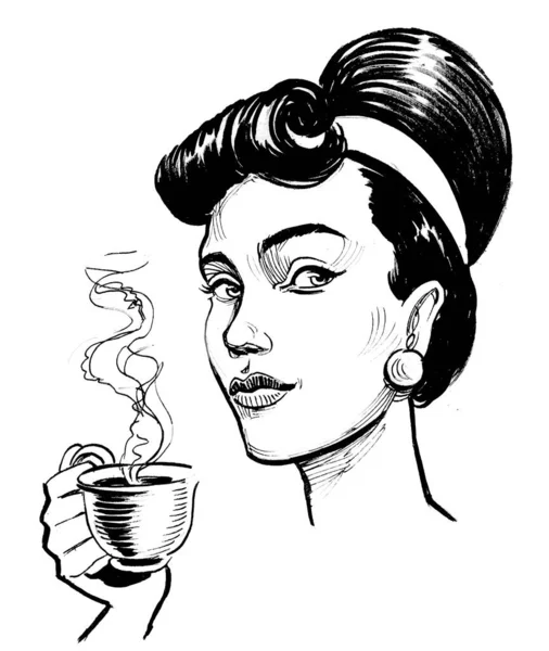 Uma Mulher Bonita Beber Café Tinta Desenho Preto Branco — Fotografia de Stock