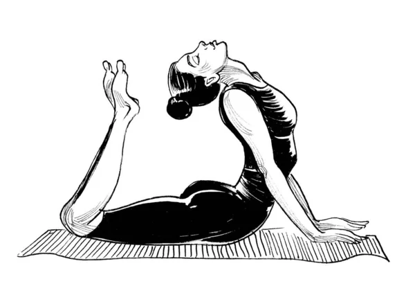 Mujer Haciendo Ejercicio Yoga Dibujo Blanco Negro Tinta — Foto de Stock