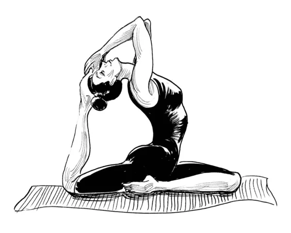 Mujer Bonita Haciendo Ejercicio Yoga Dibujo Blanco Negro Tinta —  Fotos de Stock