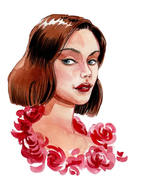 Красивая Женщина Красные Розы Чернила Акварель — стоковое фото