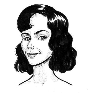 Güzel gülümseyen esmer kadın. Mürekkep siyah beyaz çizim